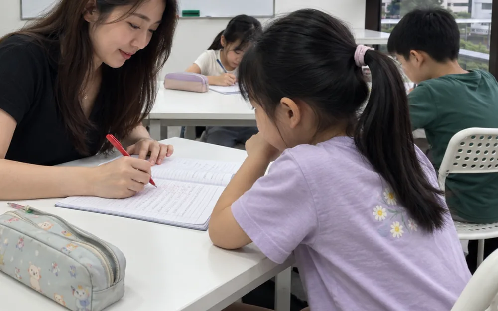 Primary English lesson at WhaleYou Learning with the teacher checking a student's work