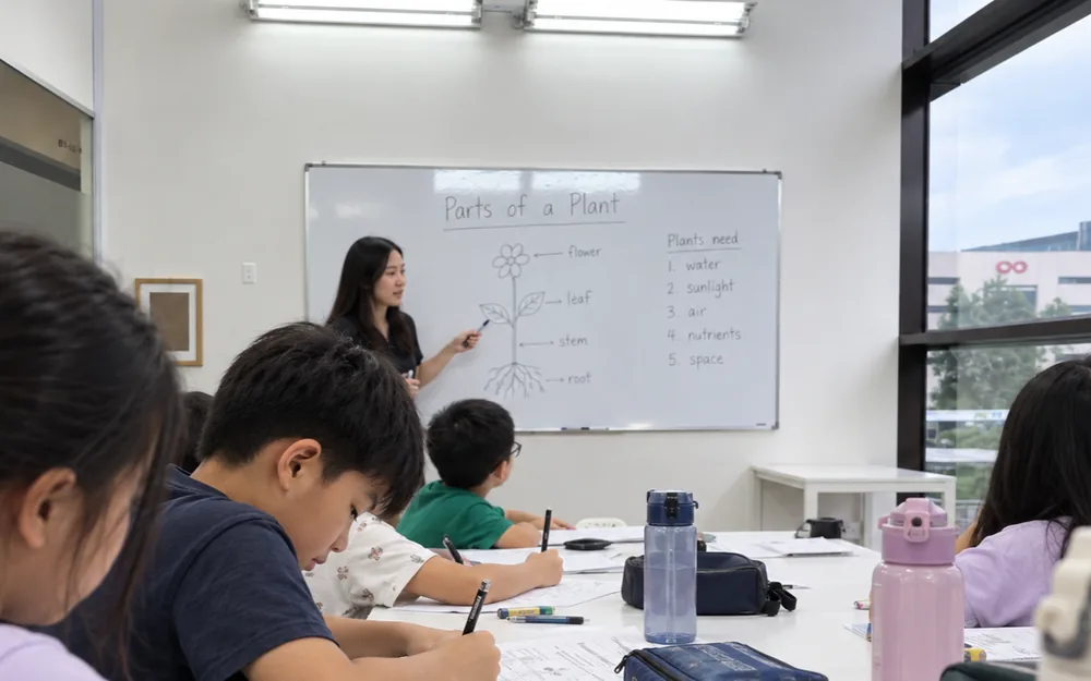 Primary Science lesson at WhaleYou Learning with the teacher checking a student's work