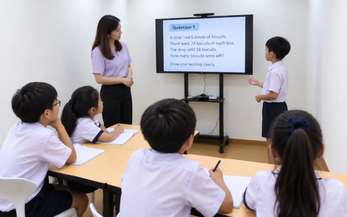 A student explaining their answer at the whiteboard in a WhaleYou Learning class