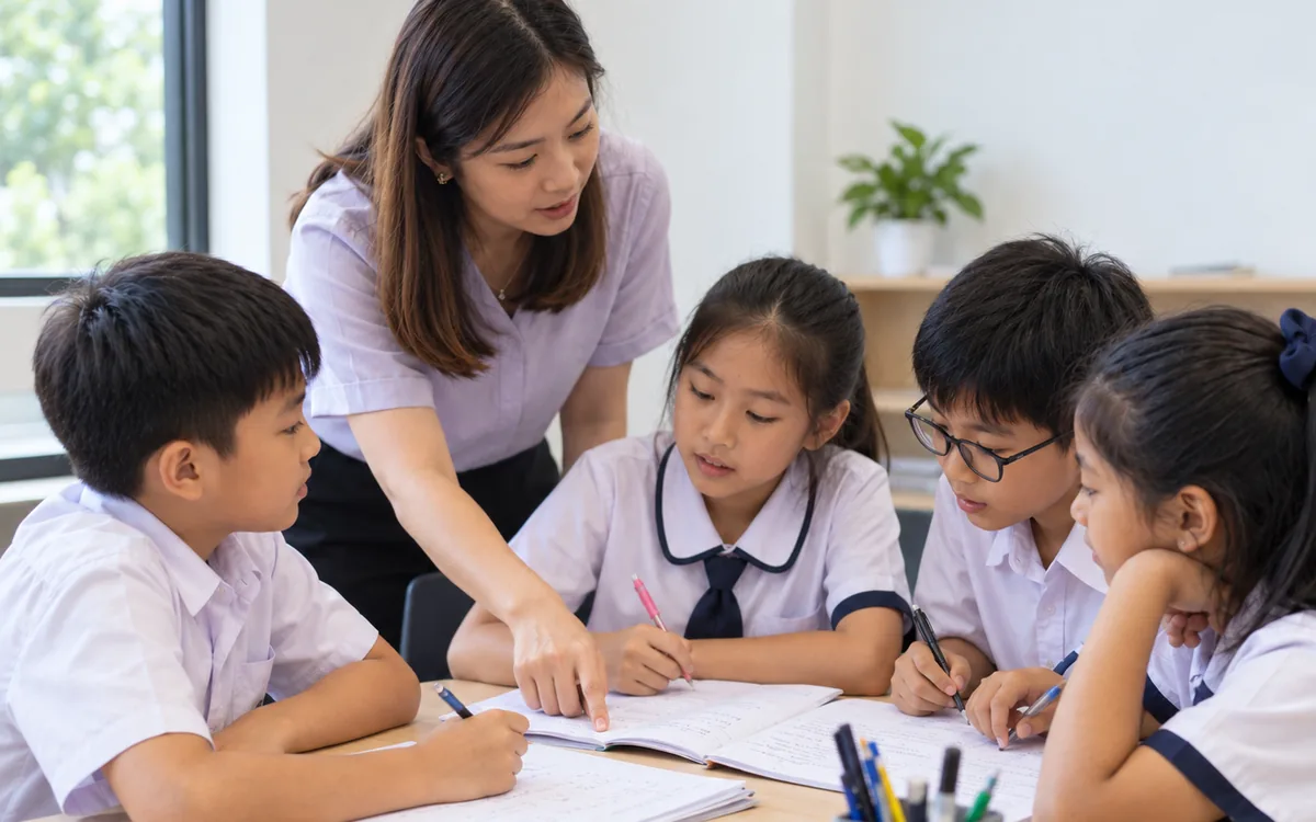 A WhaleYou Learning teacher checking one student's work in a class of six