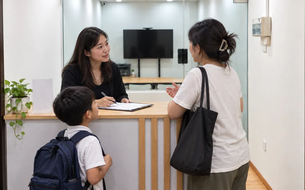 A WhaleYou Learning teacher sharing feedback with a parent after a trial lesson